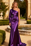 Purple One Shoulder Mermaid Long Satin Prom Dress