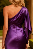 Purple One Shoulder Mermaid Long Satin Prom Dress