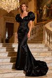 Black Sweetheart Puff Sleeves Mermaid Long Prom Dress