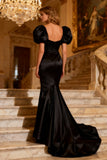 Black Sweetheart Puff Sleeves Mermaid Long Prom Dress