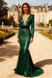 Sparkly Dark Green V Neck Sequin Mermaid Long Prom Dress with Sleeves