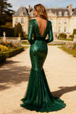Sparkly Dark Green V Neck Sequin Mermaid Long Prom Dress with Sleeves