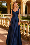 Navy Satin Thick Straps A Line Maxi Prom Dress