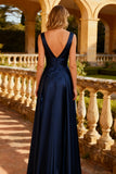 Navy Satin Thick Straps A Line Maxi Prom Dress