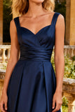 Navy Satin Thick Straps A Line Maxi Prom Dress