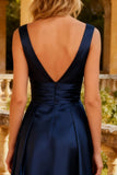 Navy Satin Thick Straps A Line Maxi Prom Dress