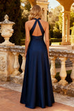 Navy Satin A Line Halter High Waist Long Prom Dress