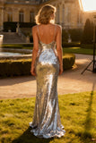 Sparkly Sequin Silver Spaghetti Straps Mermaid Long Prom Dress