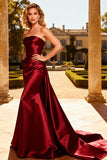 Burgundy Long Satin Mermaid Strapless Prom Dress with Cape