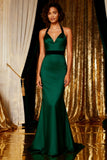 Dark Green Mermaid Halter Satin Long Backless Prom Dress with Bows
