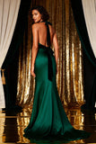 Dark Green Mermaid Halter Satin Long Backless Prom Dress with Bows