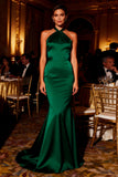 Dark Green Halter Mermaid Backless Satin Long Prom Dress