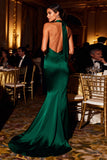 Dark Green Halter Mermaid Backless Satin Long Prom Dress