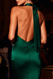 Dark Green Halter Mermaid Backless Satin Long Prom Dress