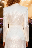 Sparkly White Long Sequin Shawl Lapel Blazer Party Dress with Slit