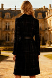 Midi Black Notched Lapel Tweed Blazer Dress with Belt