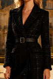 Midi Black Notched Lapel Tweed Blazer Dress with Belt