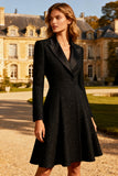 Black Peak Lapel Midi Tweed A Line Blazer Dress with Sleeves