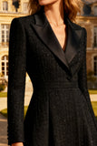 Black Peak Lapel Midi Tweed A Line Blazer Dress with Sleeves