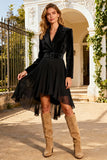 Black Short Notched Lapel Blazer Dress with Belt