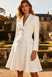 White Midi Notched Lapel A Line Blazer Dress with Buttons