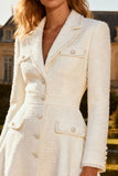 White Midi Notched Lapel A Line Blazer Dress with Buttons