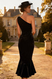 Black Velvet Mermaid Midi Holiday Party Dress