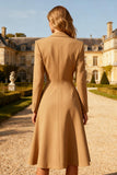 Khaki A Line Peak Lapel Midi Blazer Dress with Sleeves