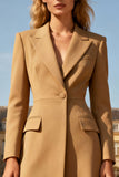 Khaki A Line Peak Lapel Midi Blazer Dress with Sleeves