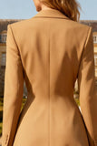 Khaki A Line Peak Lapel Midi Blazer Dress with Sleeves