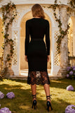 Black Long Sleeves Bodycon Midi Semi Formal Dress with Lace