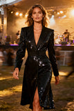 Sparkly Black Sequin Midi Notched Lapel Blazer Dress with Sleeves