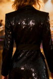 Sparkly Black Sequin Midi Notched Lapel Blazer Dress with Sleeves