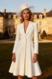 White Midi Peak Lapel A Line Blazer Wedding Dress with Sleeves