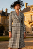 Black and White Midi Peak Lapel Gingham Blazer Dress with Buttons