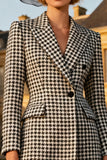 Black and White Midi Peak Lapel Gingham Blazer Dress with Buttons