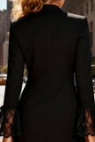Black Midi Single Breasted Peak Lapel Blazer Dress with Lace