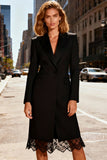 Simple Black Peak Lapel Midi Blazer Dress with Lace