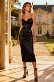 Black Bodycon Spaghetti Straps Midi Semi Formal Dress