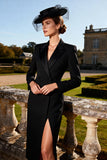 Black Pencil Peak Lapel Double Breasted Midi Blazer Dress with Slit