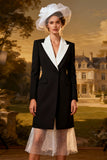 Black and White Peak Lapel A Line Midi Blazer Dress with Tulle