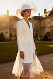 White A Line Peak Lapel Midi Blazer Wedding Dress with Tulle