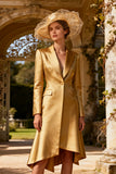 Elegant Gold Peak Lapel Midi Blazer Dress with Sleeves