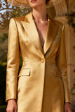 Elegant Gold Peak Lapel Midi Blazer Dress with Sleeves