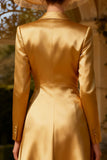 Elegant Gold Peak Lapel Midi Blazer Dress with Sleeves