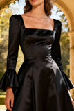 A-Line Satin Square Neck Little Black Dress