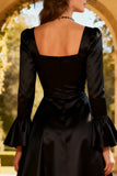 A-Line Satin Square Neck Little Black Dress