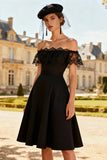 Off the Shoulder A-Line Little Black Dress with Lace