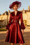 Burgundy Satin Peak Lapel Midi Blazer Dress with Belt