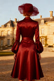 Burgundy Satin Peak Lapel Midi Blazer Dress with Belt